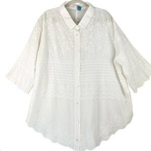 Solitaire Sz 1X Ivory White Blouse Shirt Embroidered Sheer Feminine